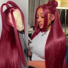 13x4 Straight 99J Red Color Burgundy Human Hair Wigs Glueless Wig Human Hair 200% Density Lace Front Wig With Baby Hair 22-36 Inch - 酒紅色 - 查看 2