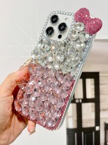 Étui de protection de téléphone en TPU de luxe brillant avec patch de strass, design nœud papillon rose minimaliste et élégant, compatible avec iPhone 11/12/13/14/15/16/Pro Max