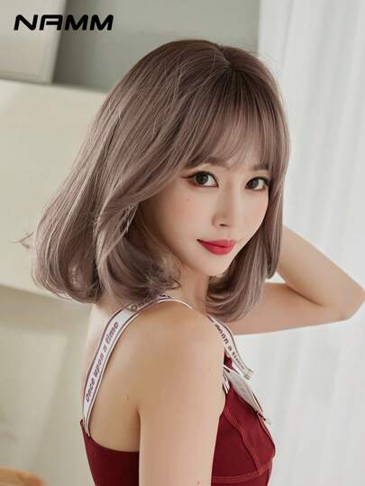 NAMM 渐变色亚麻粉色鲍勃假发 14 英寸短卷发假发带刘海，深色发根合成耐热纤维假发适合女孩日常派对使用