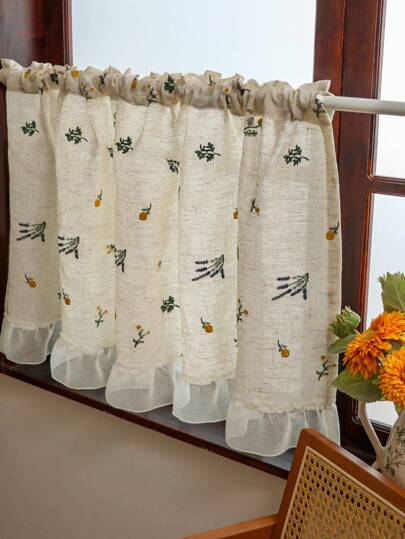 1pc Wheat Ear Embroidered Cafe Curtain, Fresh Pastoral Style Wheat With Leaf Edge Cafe Curtain, Suitable For Kitchen Cabinet, Bay Window, Door Curtain Partition, Home Decor Gifts Birthday Graduation