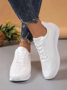 Women's Solid Color Simple Round Toe Casual Athletic Sneakers, Daily Casual - White - View 5