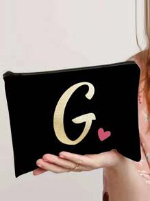 A-Z Letter Print Heart Graphic Cosmetic Bag, Black Mini Size, Gold Tone Lettering, Minimalist Style, Suitable For Logo Customization - Black - View 14