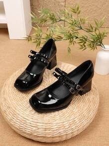 复古法式玛丽珍鞋女新款春季高跟鞋韩版小皮鞋纯色迷人公主优雅方头粗跟高跟鞋