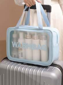 1 pièce Sac de maquillage en PVC bleu transparent, grande capacité, sac de toilette étanche, organisateur de voyage portable pour femme, pour vacances, plage, salle de bain, chambre, grande capacité