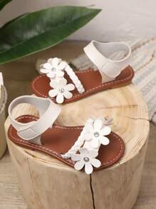 1 Pair Girls' Beige Flat Sandals, Soft PU Woven Upper With Shiny Rhinestone Flower Decor, Classic Strap Design Open Toe Fashion Casual Beach Sandals, Suitable For 3-12 Years Old, Spring/Summer New Arrival - Beige - View 2