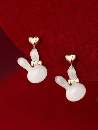 1 Pair Cute Easter Bunny Heart Dangle Earrings, Suitable For Women To Wear In Any Occasion