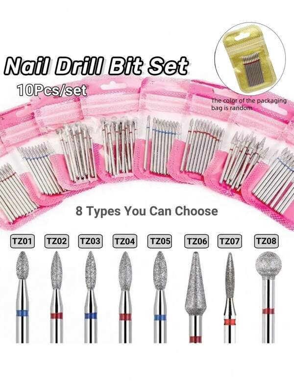 10 pièces/set Ensemble de forets à diamant pour lime à ongles, fraise à diamant pour manucure 3/32" pour limer les ongles, outil de retrait des cuticules pour machine à ongles