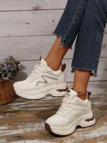 白色新款休闲女鞋，时尚厚底坡跟运动鞋 - 白色 - 查看 4