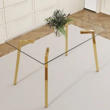 51 * 31.5 Inch Rectangular Dining Table: Transparent Glass Paired With Golden Seven Character Legs, Showcasing A Luxurious Texture. Suitable For Various Places Such As Kitchens, Dining Rooms,Etc.