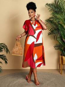Vestido holgado de talla grande para mujer, de estilo geométrico, con cuello mao, cuello en V con volantes, mangas cortas, largo medio, para uso diario, de vacaciones y cómodo (estampado aleatorio)