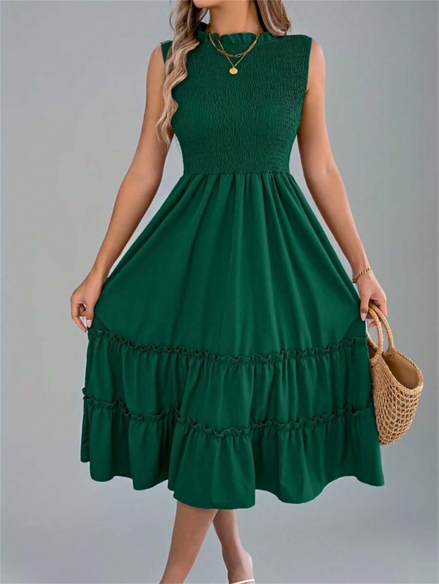 Summer Smocked Waist Dress Sleeveless Round Neck Ruffle Trim Flounce Hem Solid Color Beach Cover Up Resort Midi Vacation Essential Womens Darkgreen Sundress - Màu xanh lá cây đậm - Xem 1