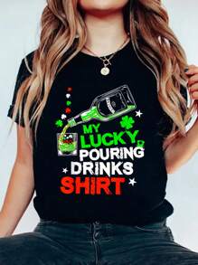 St Patricks Bartender Lucky Pouring Drinks Bartending Shirt T-Shirt Print Cotton T-Shirt For Summer, Women's Soft Short Sleeve Top, Stylish Comfy Tee For Women Graphic Tees