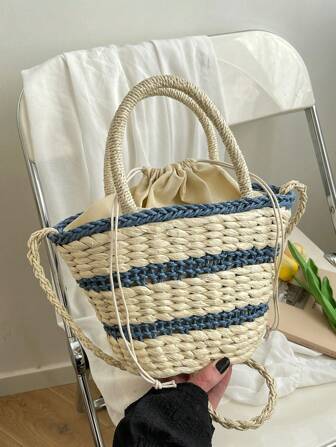 1 pezzo Borsa secchiello vintage in paglia, borsa intrecciata bicolore, borsa a spalla e a tracolla stile unico per donna