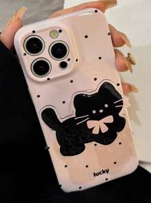 1 件 GUCADI 苹果手机壳，粉色底座小波尔卡圆点和粉色蝴蝶结黑猫支架保护套，兼容 16/15/14/13/12/11 系列防水防震防摔防刮