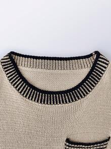 Women's Round Neck Colorblock Striped Pocket Short Sleeve Knit Beach Vacation Top, Summer - Khaki - View 3