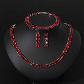 3 pièces/set Parure de collier, bracelet et boucles d'oreilles avec incrustation de zirconium cubique rouge, convient pour les femmes/filles pour un port quotidien et les banquets