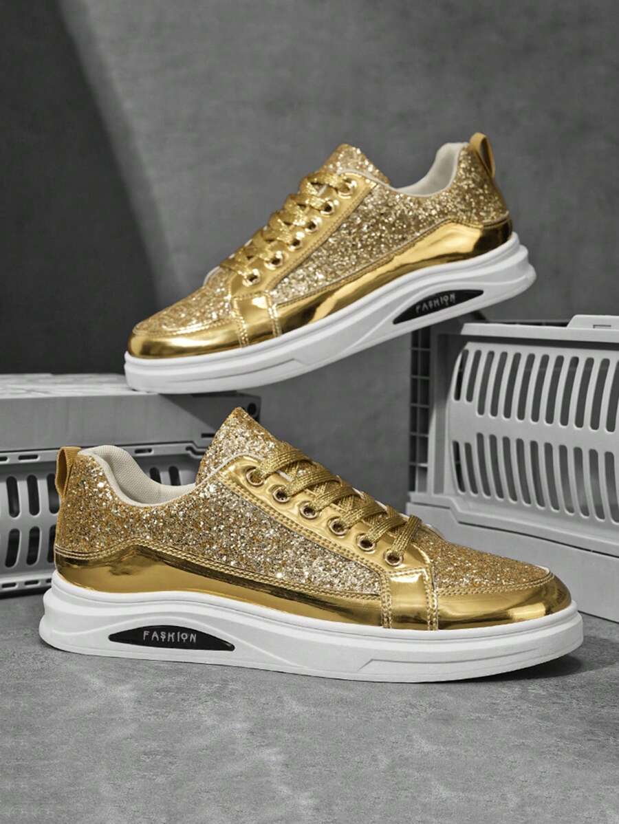 Men's Gold Casual Thick-Sole Fashion Skateboard Shoes, All Season, Student Style - Gold - View 1