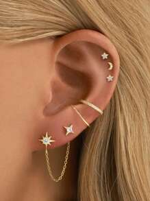 1件925纯银迷你星月内螺纹唇钉 | 生日石耳骨耳环 | 低过敏性黄金耳骨钉 | 扁平唇环 | 适合女性日常佩戴（单只出售）