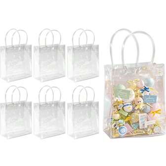 6 件带手柄的透明 PVC 礼品袋，派对礼品袋，透明塑料礼品袋 5.9 X 6.3 英寸，可重复使用迷你手提袋，适用于婚礼、迎婴派对、生日派对礼品房间装饰新娘