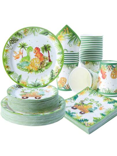 Juego desechable de platos, servilletas y vasos con diseño de dinosaurio rugiente, para 25 invitados, adecuado para cumpleaños, bodas, fiestas y picnics familiares