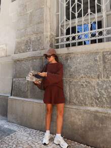 Women's Knit Set Short Asymmetrical Skirt And Puff Sleeve Blouse Blogger Fashion - Chocolate Brown - View 3