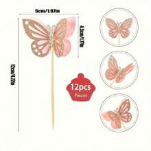 12Pcs Light Red Butterfly Cupcake Toppers - Double Layer Glitter Decorations For Baby Showers, Weddings, Birthdays, Gender Reveals & More - Multicolor - View 3