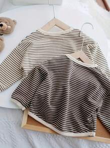 2-Pack 2025 Spring And Autumn New Korean Fresh Literary Loose Striped Top Children's T-Shirt All-Match Basic Base Sweater - 米色+咖啡色 - 查看 2