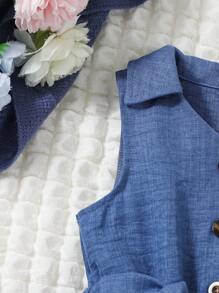少女春季无袖牛仔效果纽扣和荷叶边连体衣 - 中等水洗藍 - 查看 5