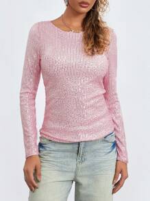 Women Long Sleeve Tops Sequins Basic Shirt Casual Pullover For Fall Club Streetwear Aesthetic Clothes - Hồng - Xem 8