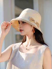 1 pieza Sombrero de cubo de mujer para primavera y verano, diseño elegante y versátil con lazo, protección solar de ala ancha, apto para salir, ir de compras, viajar