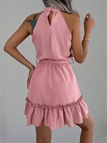 Nuevo vestido de color rosa sólido con cintura anudada, sin mangas, volantes en el bajo y cuello de halter, elegante para primavera/verano - Rosa - View 2