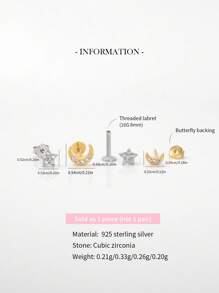 1件925纯银迷你星月内螺纹唇钉 | 生日石耳骨耳环 | 低过敏性黄金耳骨钉 | 扁平唇环 | 适合女性日常佩戴（单只出售）