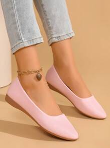 Women's Plain Color Slip-On Flats With Round Toe, Comfortable Euro-American Style Plus 2025, Classic Elegant Office Casual Shoes, Versatile Soft-Sole New Spring Autumn Mommy Flat Shoes - Pink - View 2