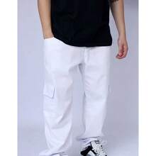 Men's Straight Leg Loose Cargo Pants, Casual Urban Style, Black With Multi-Pocket Design - White - View 1