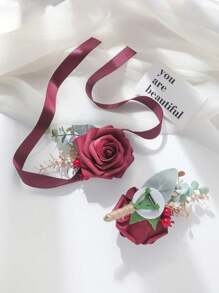 2 件玫瑰花配人造绿植胸花和腕带套装，浪漫森系风格，适合婚礼、正式活动、派对和典礼 - A - 查看 9
