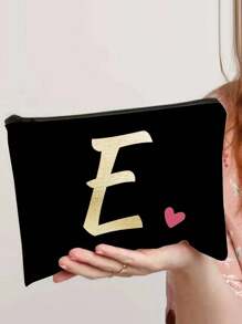 A-Z Letter Print Heart Graphic Cosmetic Bag, Black Mini Size, Gold Tone Lettering, Minimalist Style, Suitable For Logo Customization - Black - View 31