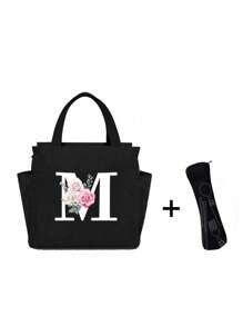 White Letters A~Z Printed With Flowers Lunch Bag For Women Men,With A Black Cutlery Storage Bag, Leakproof Insulated Soft Large Lunch Cooler Bag - Reusable Lunch Bag ,Solid Color Tableware Storage , Leak-Proof Portable Fabric Tableware Bag