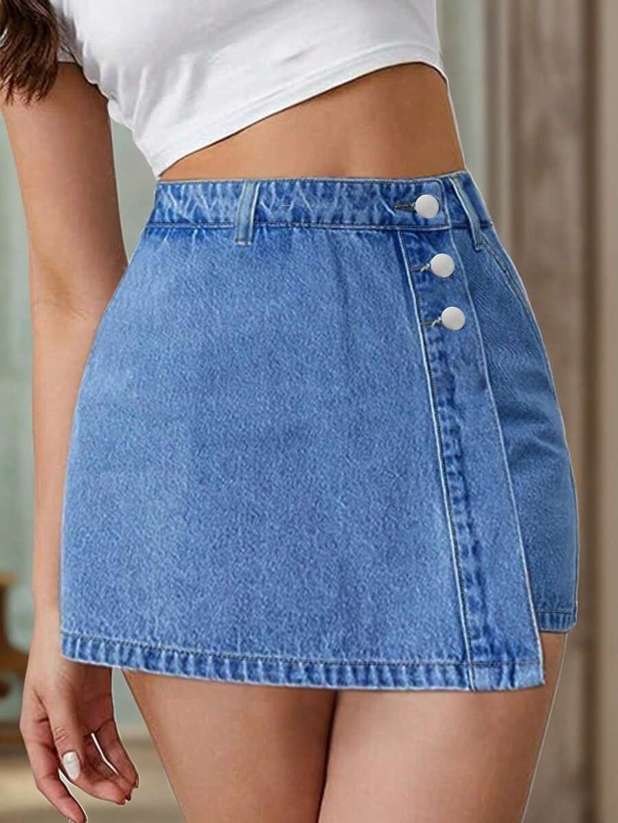 Ladies' Denim Skirt Pants With Asymmetric Hem And Unique Button Design, Suitable For Women's Casual Wear - 中等水洗藍 - 查看 1