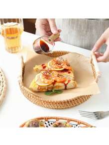 1 pieza Bandeja de servir de ratán hecha a mano, bandeja de té de ratán tejido natural de doble asa, plato de frutas, canasta de pan y snacks, bandeja redonda de ratán hecha a mano, canasta de snacks, canasta de almacenamiento tejida, plato de almacenamiento, estilo rústico, adecuado para la cocina del hogar - Caqui - Ver 12