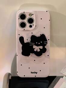1 件 GUCADI 苹果手机壳，粉色底座小波尔卡圆点和粉色蝴蝶结黑猫支架保护套，兼容 16/15/14/13/12/11 系列防水防震防摔防刮