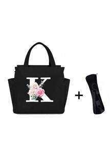 White Letters A~Z Printed With Flowers Lunch Bag For Women Men,With A Black Cutlery Storage Bag, Leakproof Insulated Soft Large Lunch Cooler Bag - Reusable Lunch Bag ,Solid Color Tableware Storage , Leak-Proof Portable Fabric Tableware Bag