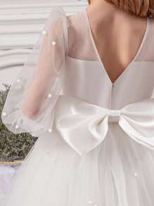 Tween Girl White Handmade Beaded Bow Tulle Elegant Christmas Party Dress, Princess Dress Suitable For Girls Birthday Party, Teenage Prom Party Dress, Flower Girl Wedding Bridesmaid Gown, Thanksgiving, Graduation Outfit