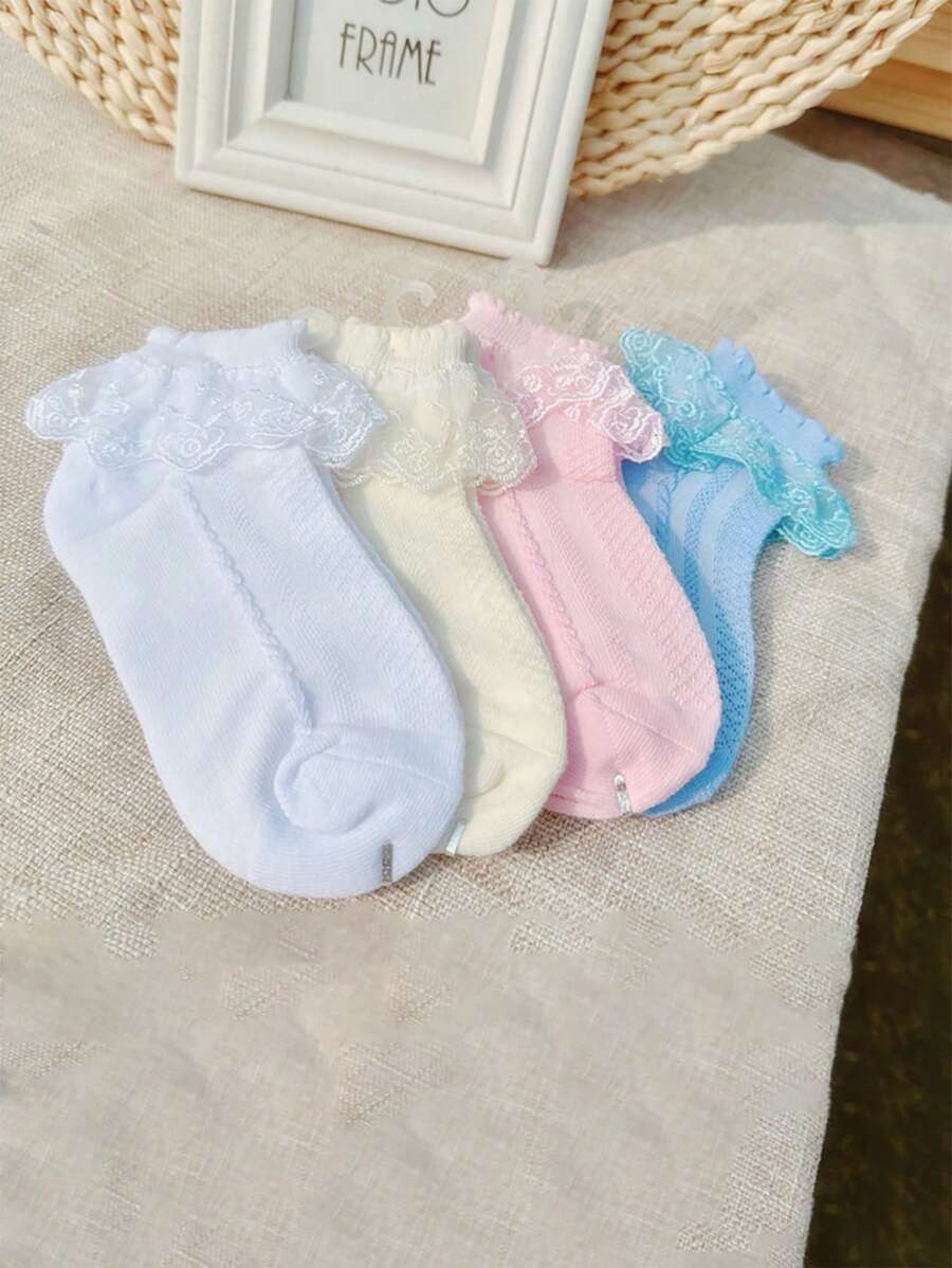 4 双甜美蕾丝边儿童袜子，透气网眼女童踝袜 - 彩色 - 查看 1