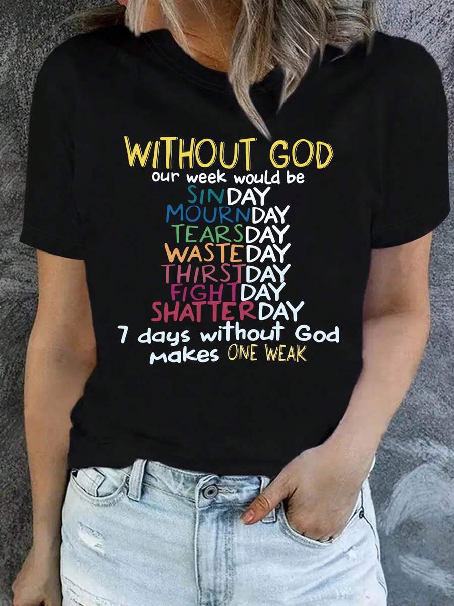 Women's Inspirational "Without God" Letter Print T-Shirt - Casual Crew Neck Short Sleeve Top For Spring & Summer, Soft Mid-Stretch Fabric, Machine Washable - 黑色 - 查看 1