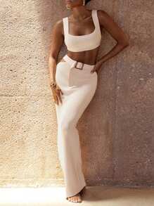 Women's Sexy  2 Piece Outfit Casual Knit Cami Crop Sleeveless Tank Top And High Waist Bodycon Long Skirt Set - 杏色 - 查看 4