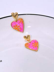 1 对精致油滴心形和花朵装饰耳钉，奢华女士耳环，适合作为送给女朋友/妻子的礼物 - 彩色 - 查看 3