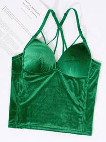 Elegante top de tirantes cruzados sin espalda con escote en V profundo para mujer, confeccionado en poliéster de largo regular con detalles recortados, perfecto para salir de noche. - Verde - Ver 4