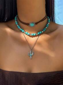 1pc Retro Faux Turquoise Ox Head Beaded Necklace Set, Boho Style Cactus Pendant Necklace - Multicolor - View 3