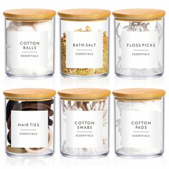 4 件/6 件清洁垫架浴室容器，10 盎司清洁球棉签分配器，透明塑料药瓶收纳盒，带竹盖，用于存放牙线棒化妆品家居浴室装饰浴室收纳秋季装饰返校
