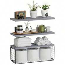 1 Set Wall-Mounted Floating Shelves With Storage Basket, Solid Pine Wood Kitchen Organizer Rack - Wood Material, Wall-Mounted Installation